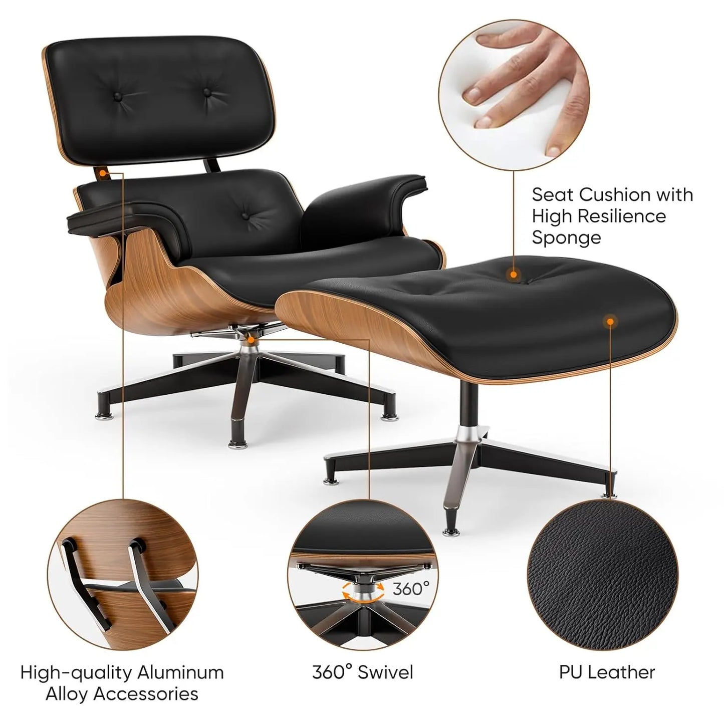 PU Leather Chaise Lounge Chair With Ottoman Walnut Wood