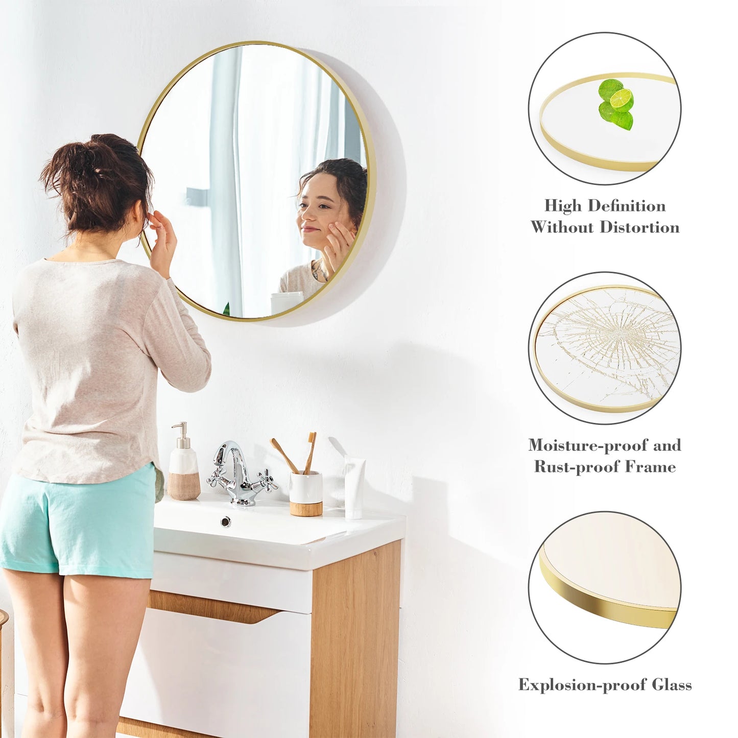 JHK Modern Round Vanity Mirror With Matte Metal Frame