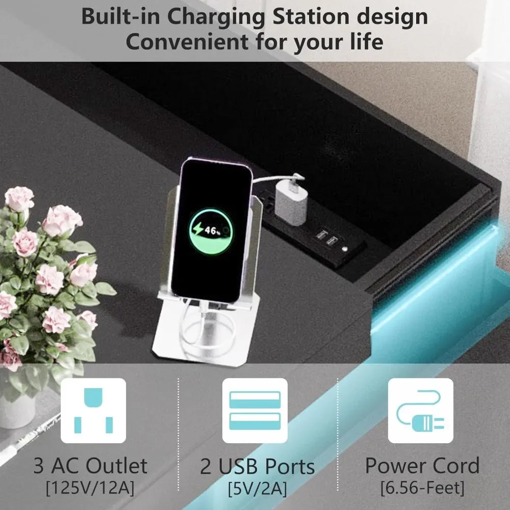 Nightstand With LED Lights And Charging Station Three Drawers