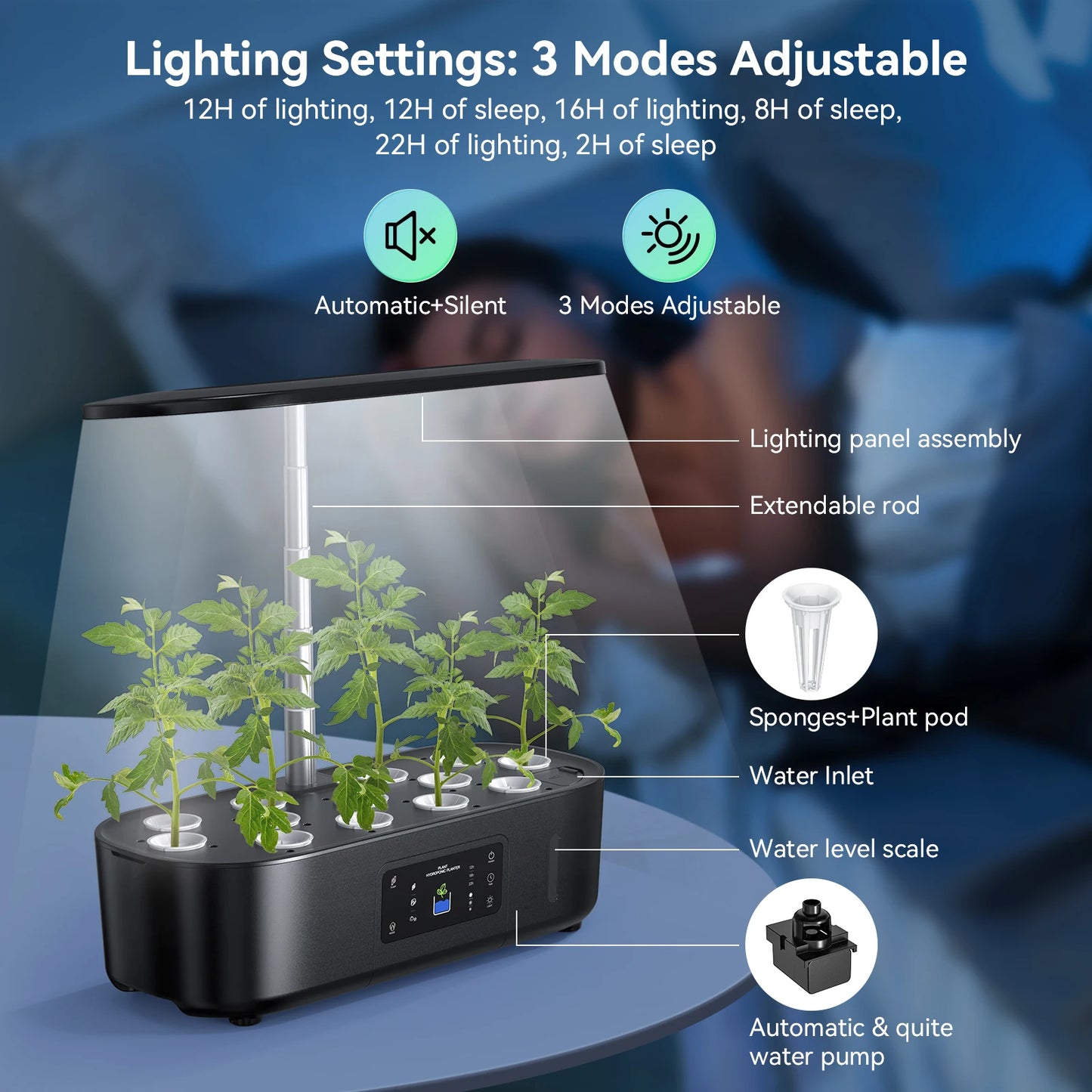 BHTNYOO Hydroponic Growing System With Pods Adjustable LED Grow Lights