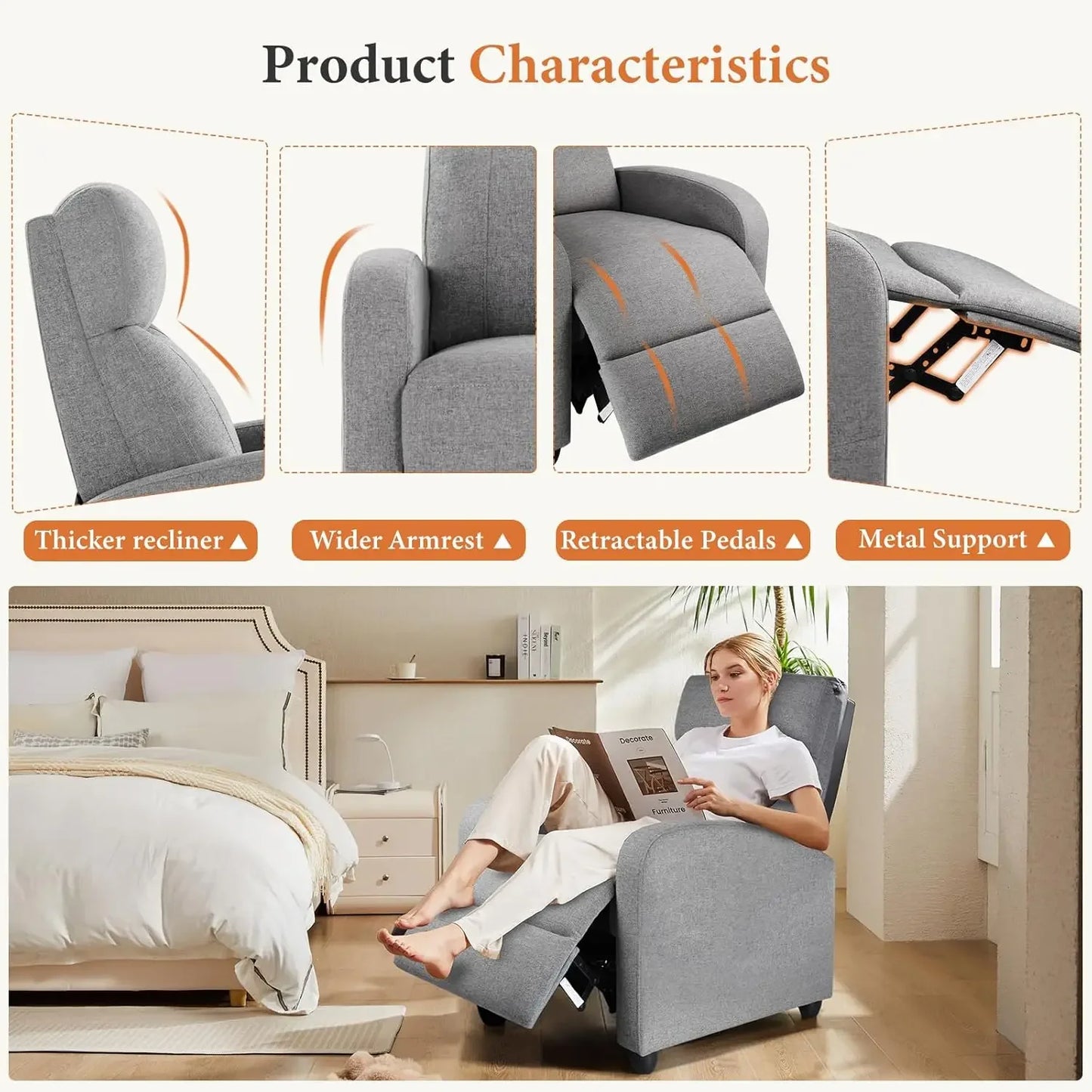 Fabric Recliner Chair With Lumbar Support And Adjustable Back
