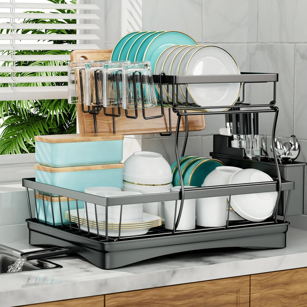 Removable Two Tier Dish Drying Rack for Kitchen Countertop