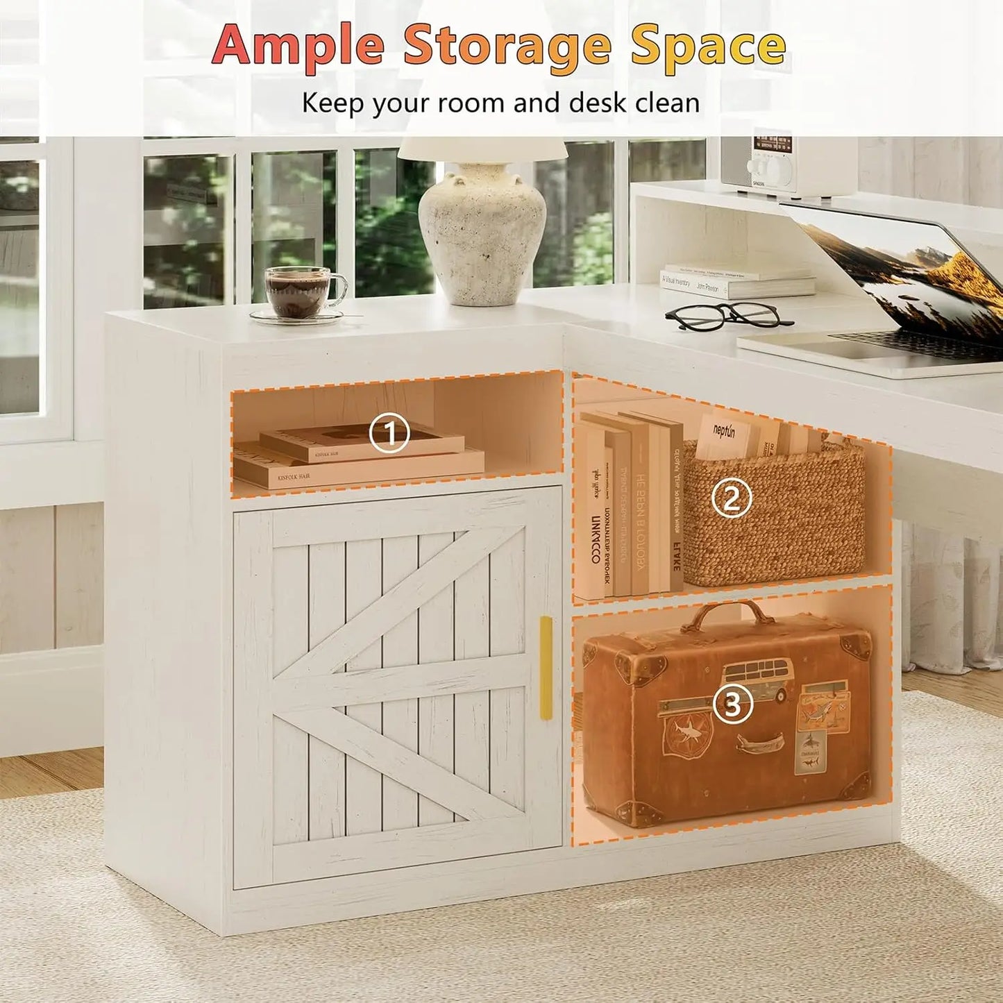 Farmhouse L Shaped Desk With Storage Shelves And Power Outlet