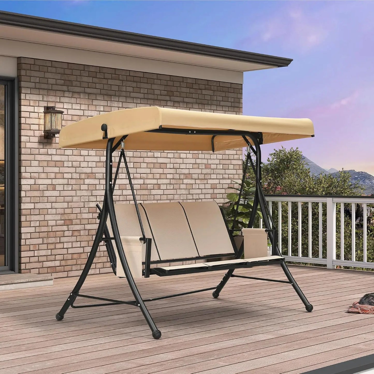 Porch Swing With Tilt Canopy Steel Frame 3 Seat Outdoor