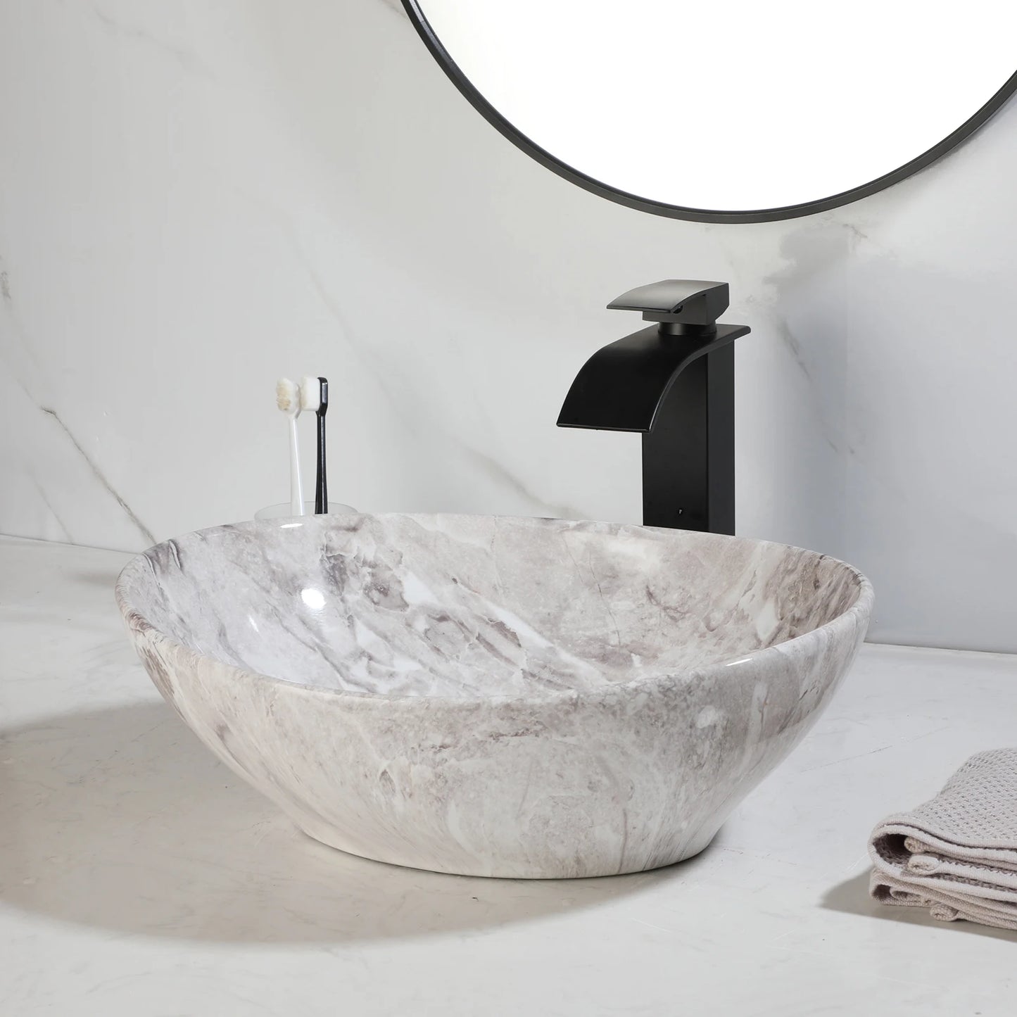 Mekhala Oval Vessel Sink With Faucet Marble Pattern Ceramic Vessel Sink
