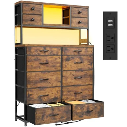 Rustic Bamboo Bedroom Dresser With LED Lights And Charging Station