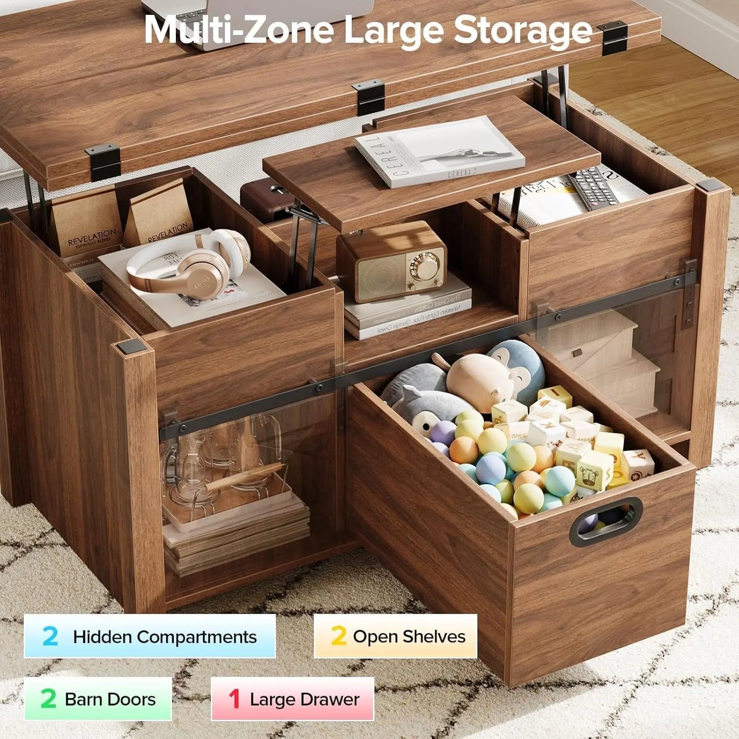 Farmhouse Lift Top Coffee Table With Sliding Barn Door