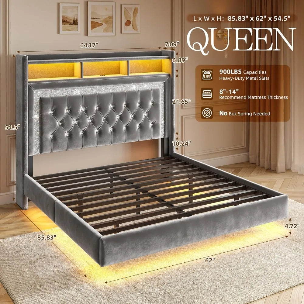 General Use Floating Bed Frame With LED Lights Charging Station