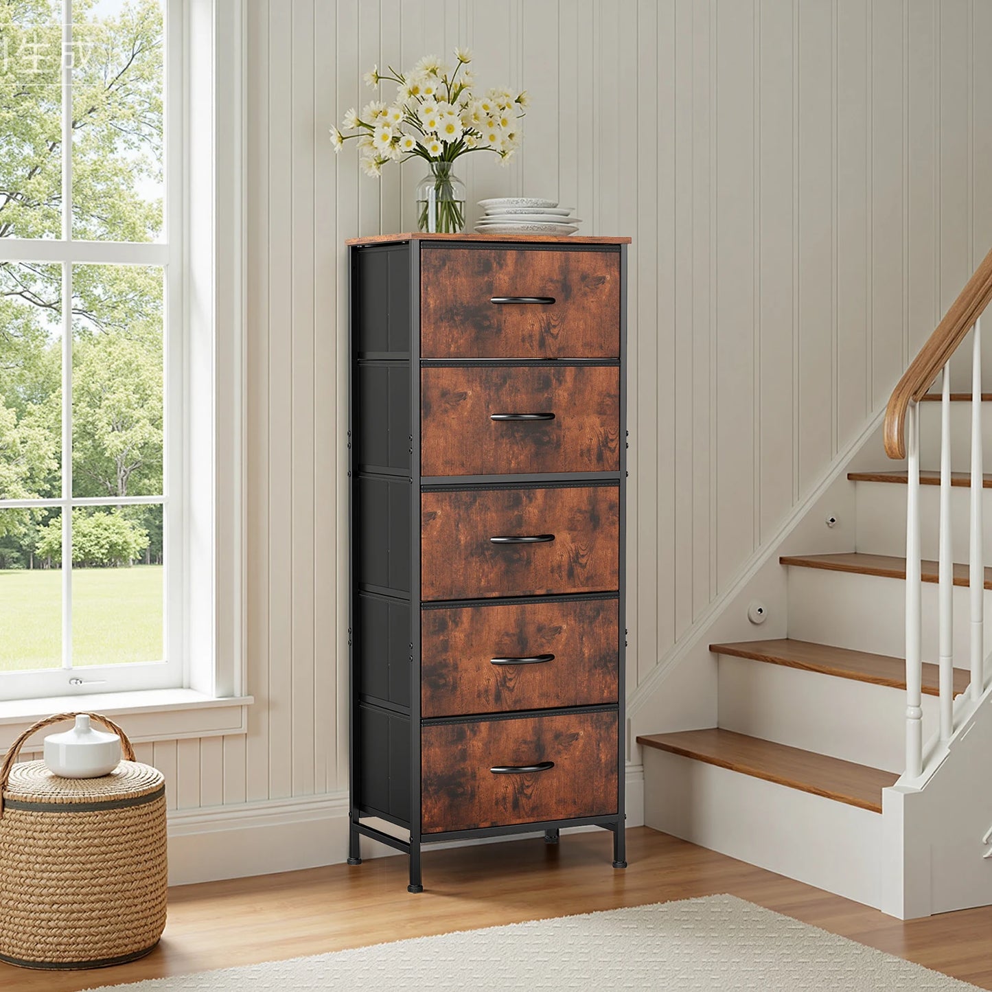 JHK Five Drawer Fabric Dresser With Steel Frame Closet