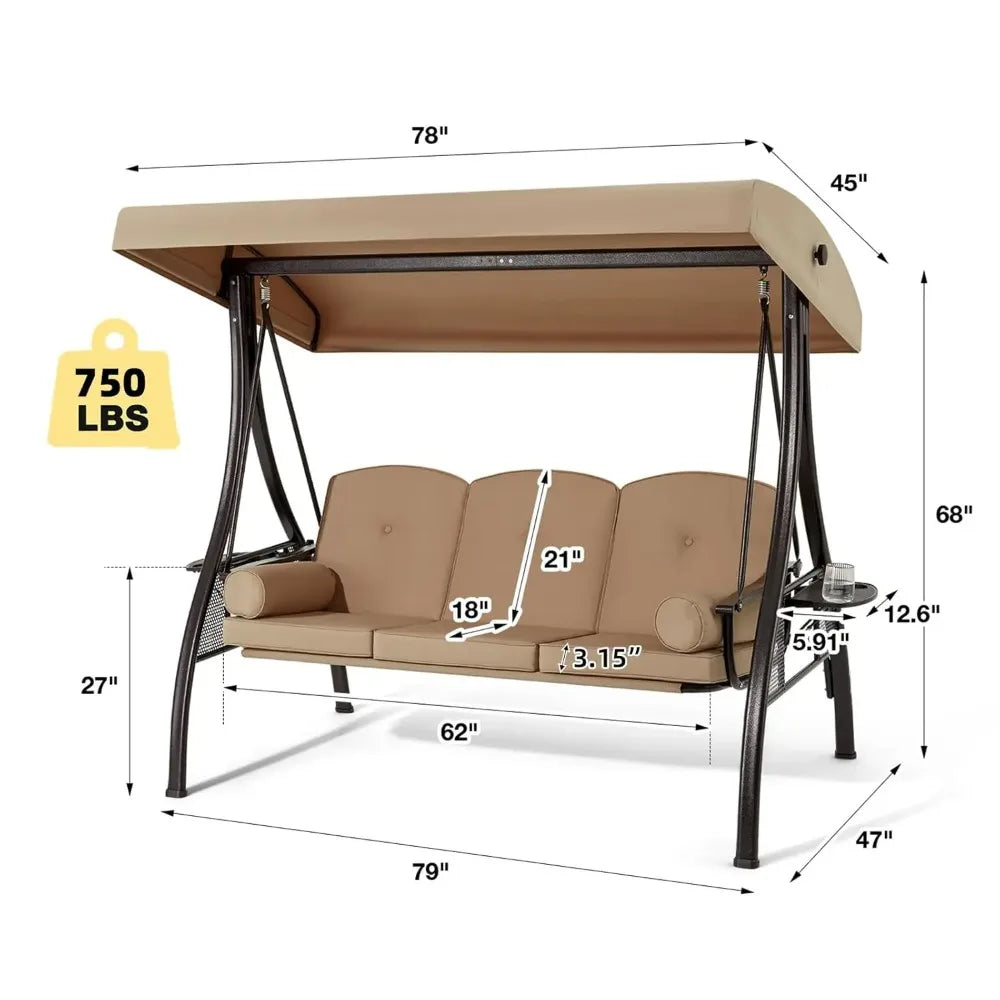 Three Person Porch Swing With Adjustable Canopy Cushioned Steel Frame
