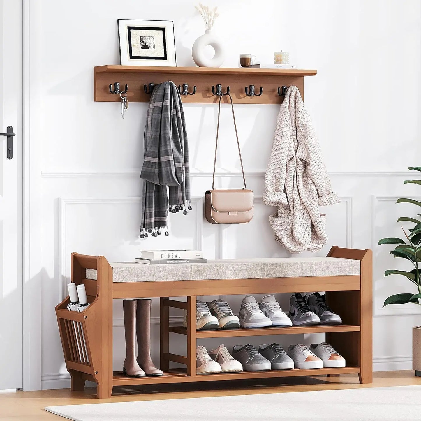 Shoe Bench Coat Rack With Hidden Drawer And 2-Tier Storage