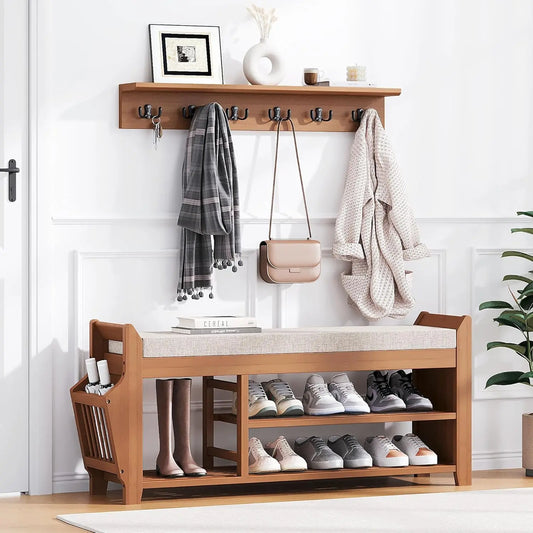 Shoe Bench Coat Rack With Hidden Drawer And 2-Tier Storage