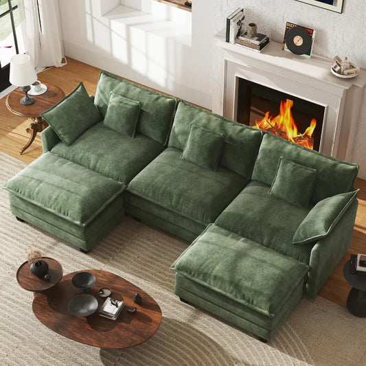 U Shape Modular Sectional Sofa Chenille With Movable Ottomans