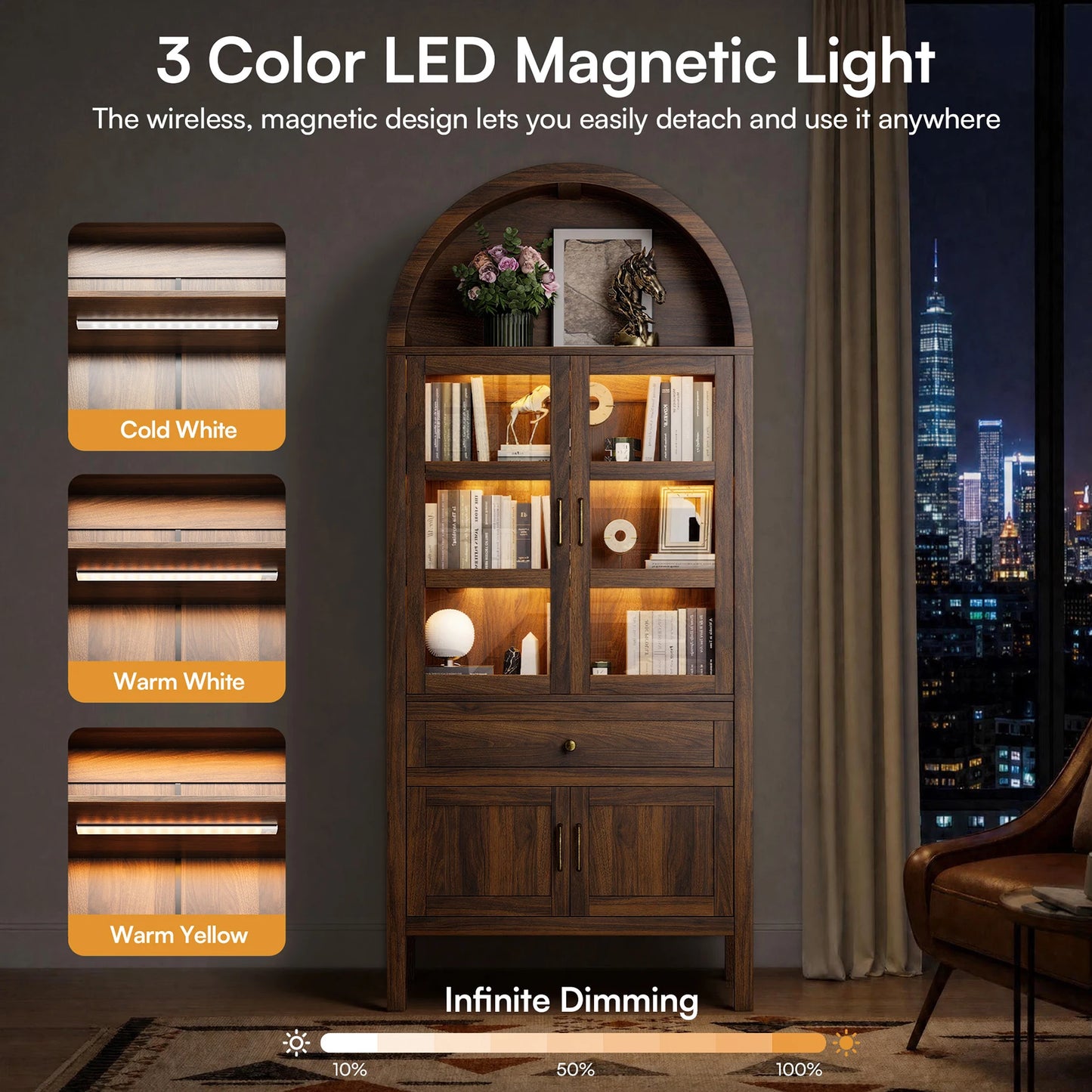 Furgle Arched Wood Storage Cabinet With Adjustable Shelves Dimmable Lights