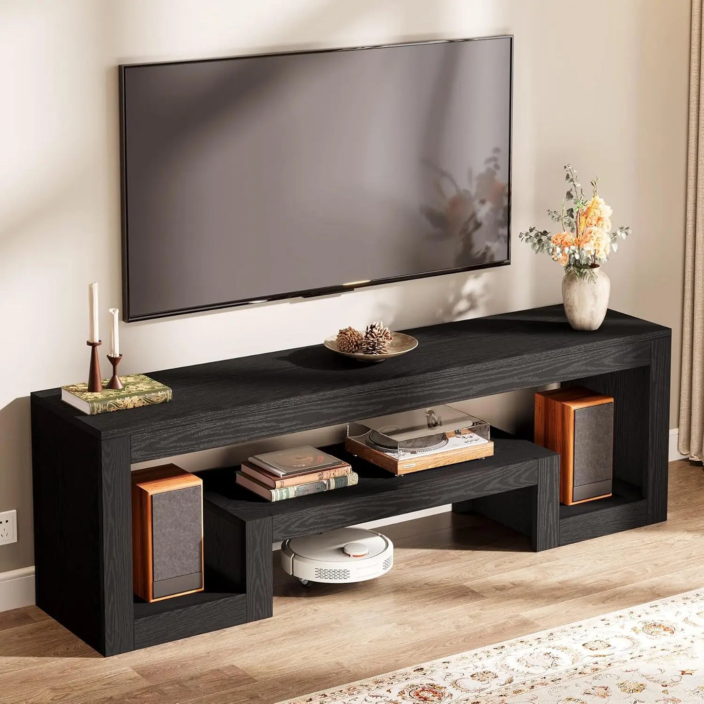 Farmhouse Wood TV Stand Entertainment Center Open Shelves Living Room