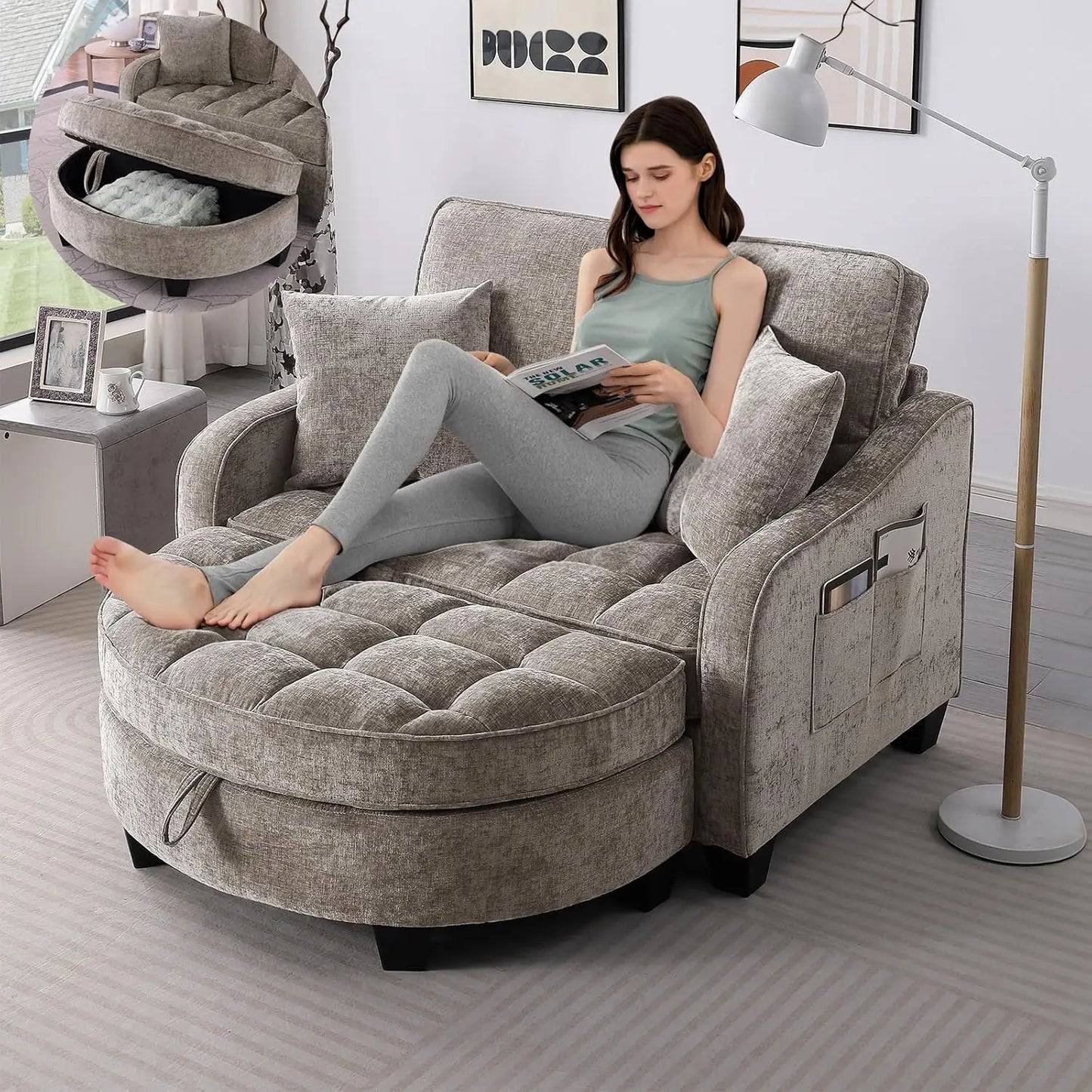 Oversized Curved Chaise Lounge Chair With Ottoman Indoor Soft Chenille