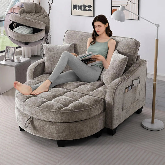 Oversized Curved Chaise Lounge Chair With Ottoman Indoor Soft Chenille