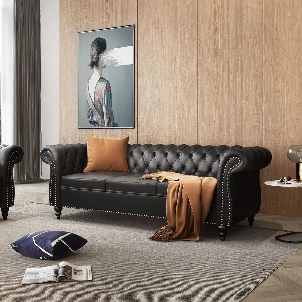 Chesterfield Leather Sofa and Loveseat Set with Scroll Arm