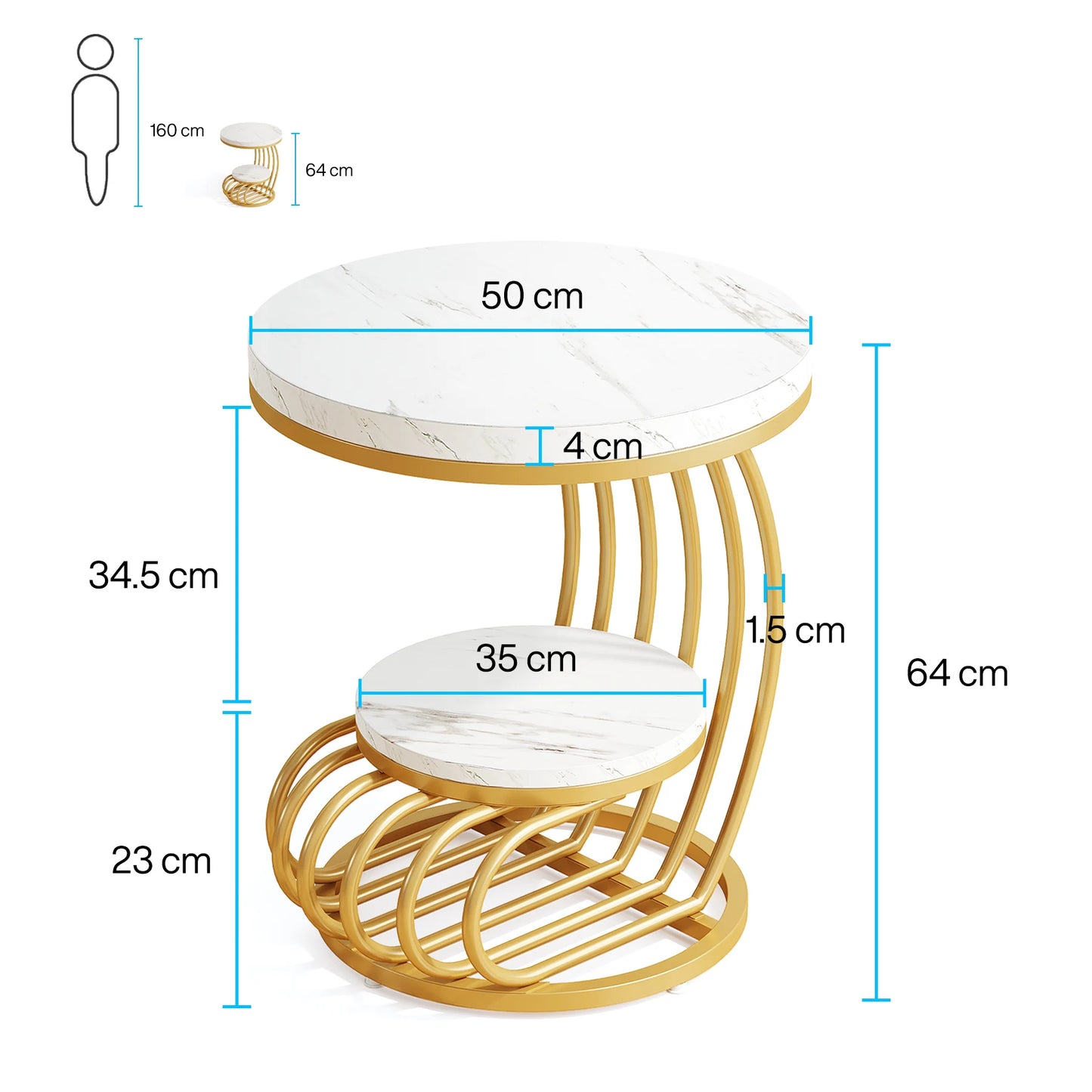 Tribesigns Round End Table 2 Tiers Faux Marble Shelf