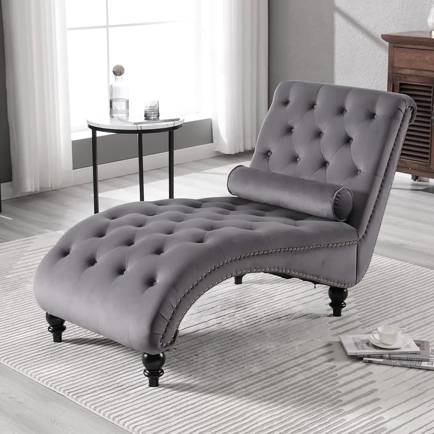 Velvet Chaise Lounge Chair With Tufted Upholstery For Living Room