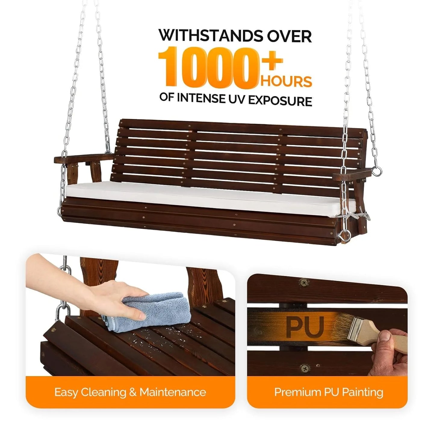 Farmhouse Wooden Hanging Porch Swing Bench With Extra Cushion