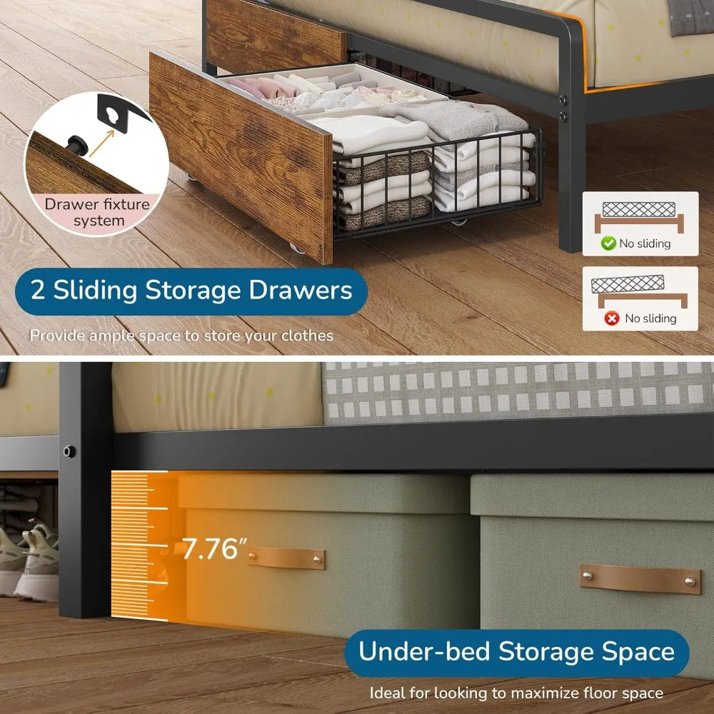 Metal Bunk Bed With Storage Drawers Bookshelf LED Lights Charging Dock