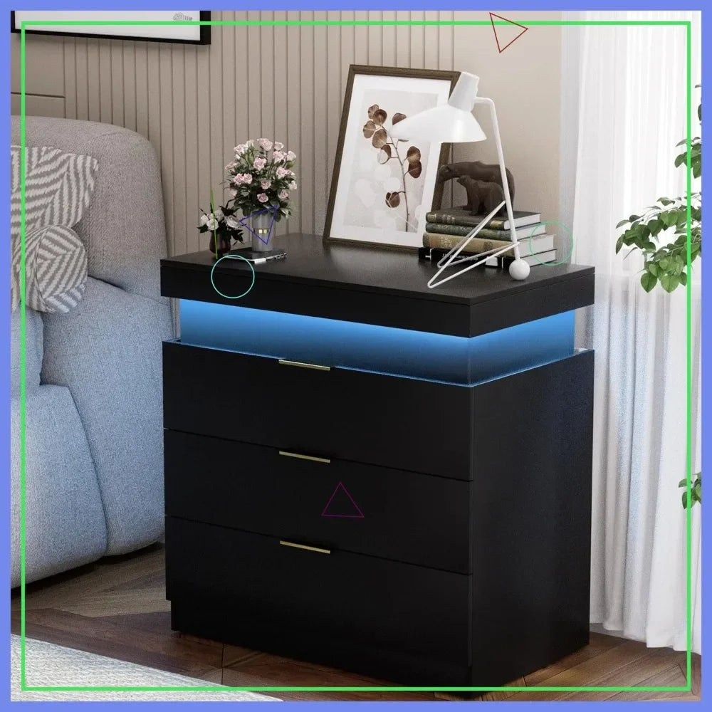 Nightstand With LED Lights And Charging Station Three Drawers
