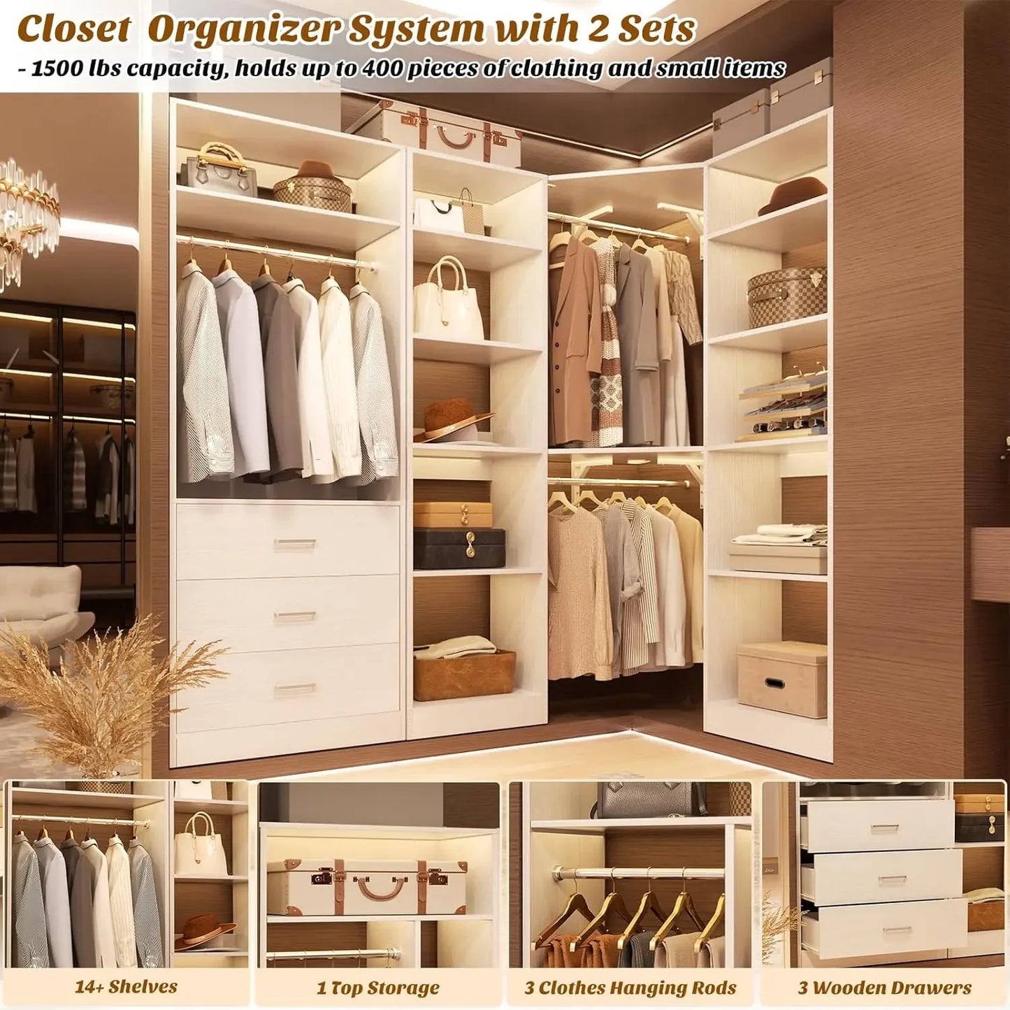 Corner Closet System With 3 Drawers, Shelves And Hanging Rods