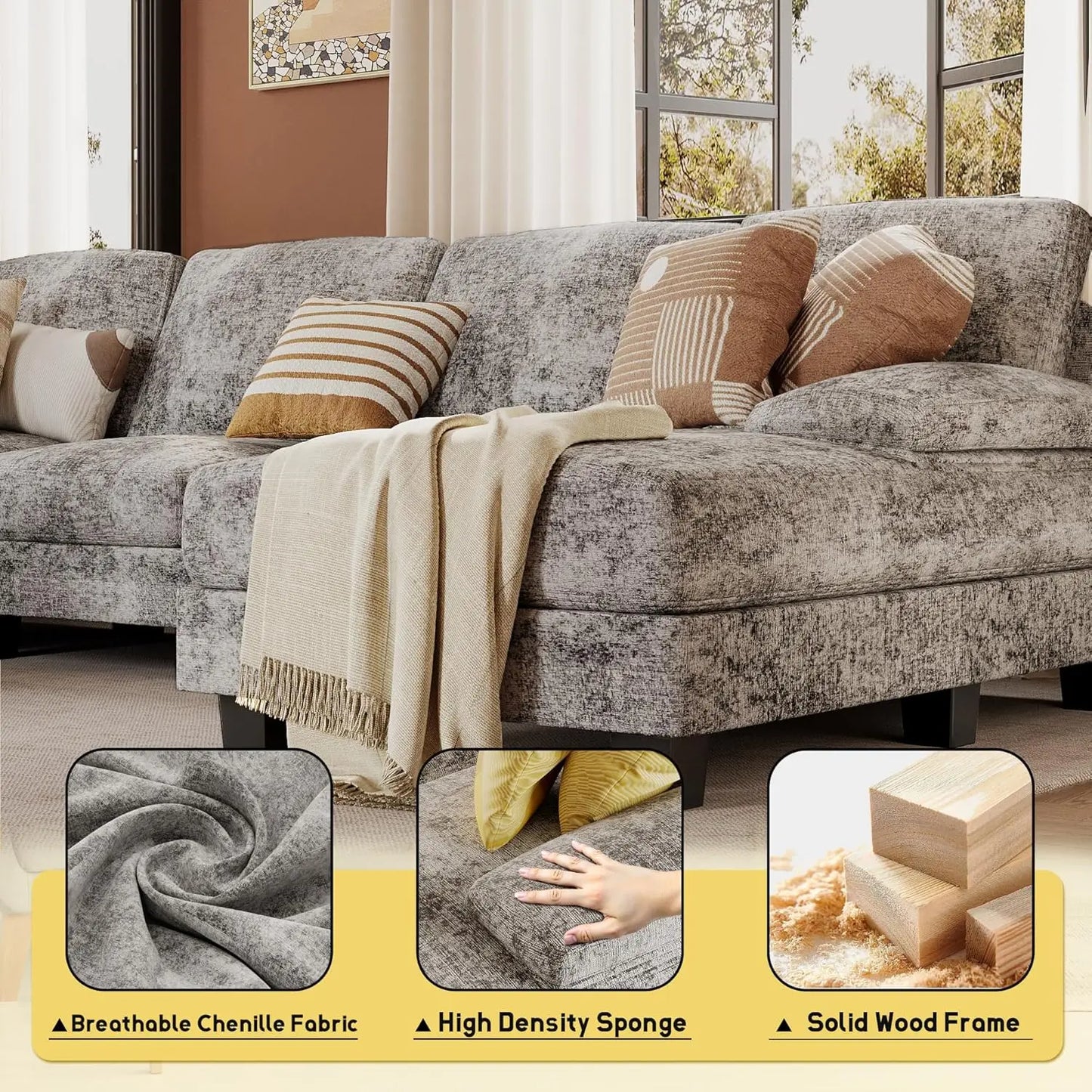 XIUWO U Shaped Chenille Sectional Sofa For Small Living Room
