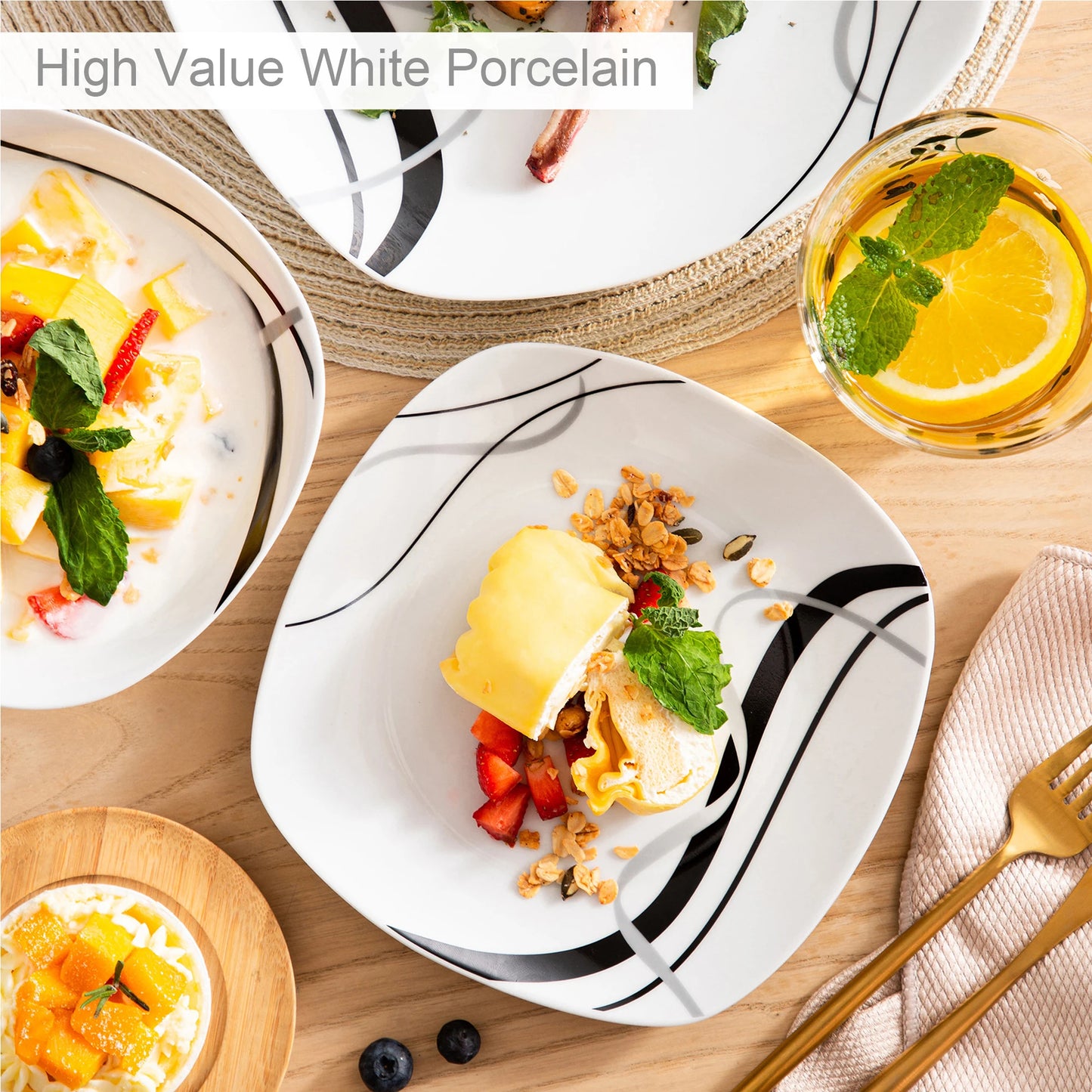MALACASA Fiona Porcelain Dinnerware Set With Dinner Dessert Soup Plates