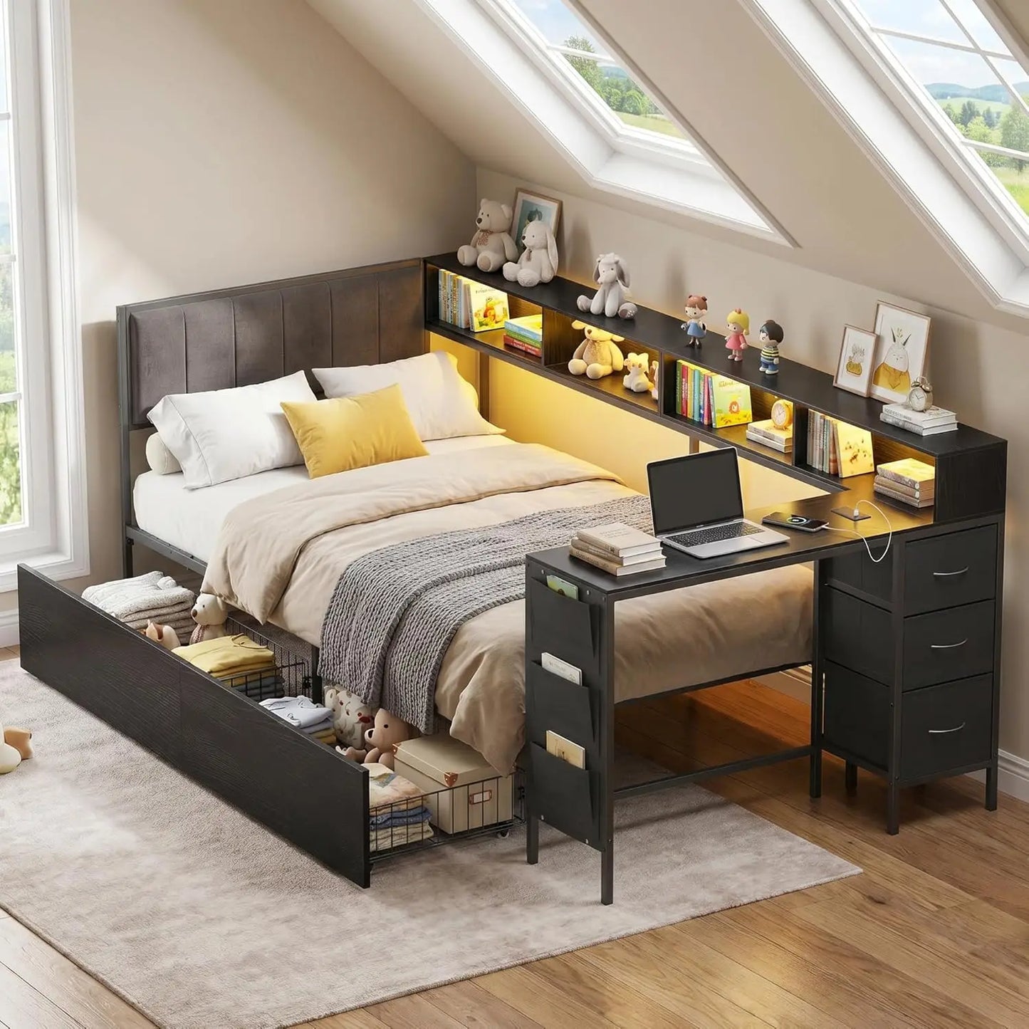 Corner Bed Frame With Storage And LED Lights Charging Station