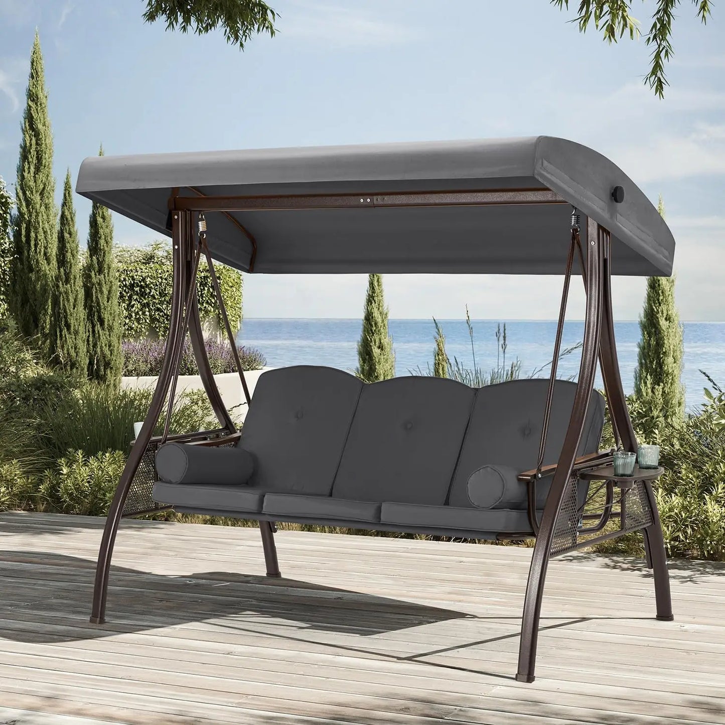 Three Person Porch Swing With Adjustable Canopy Cushioned Steel Frame