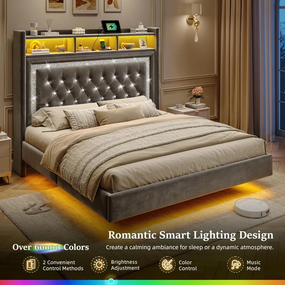 General Use Floating Bed Frame With LED Lights Charging Station
