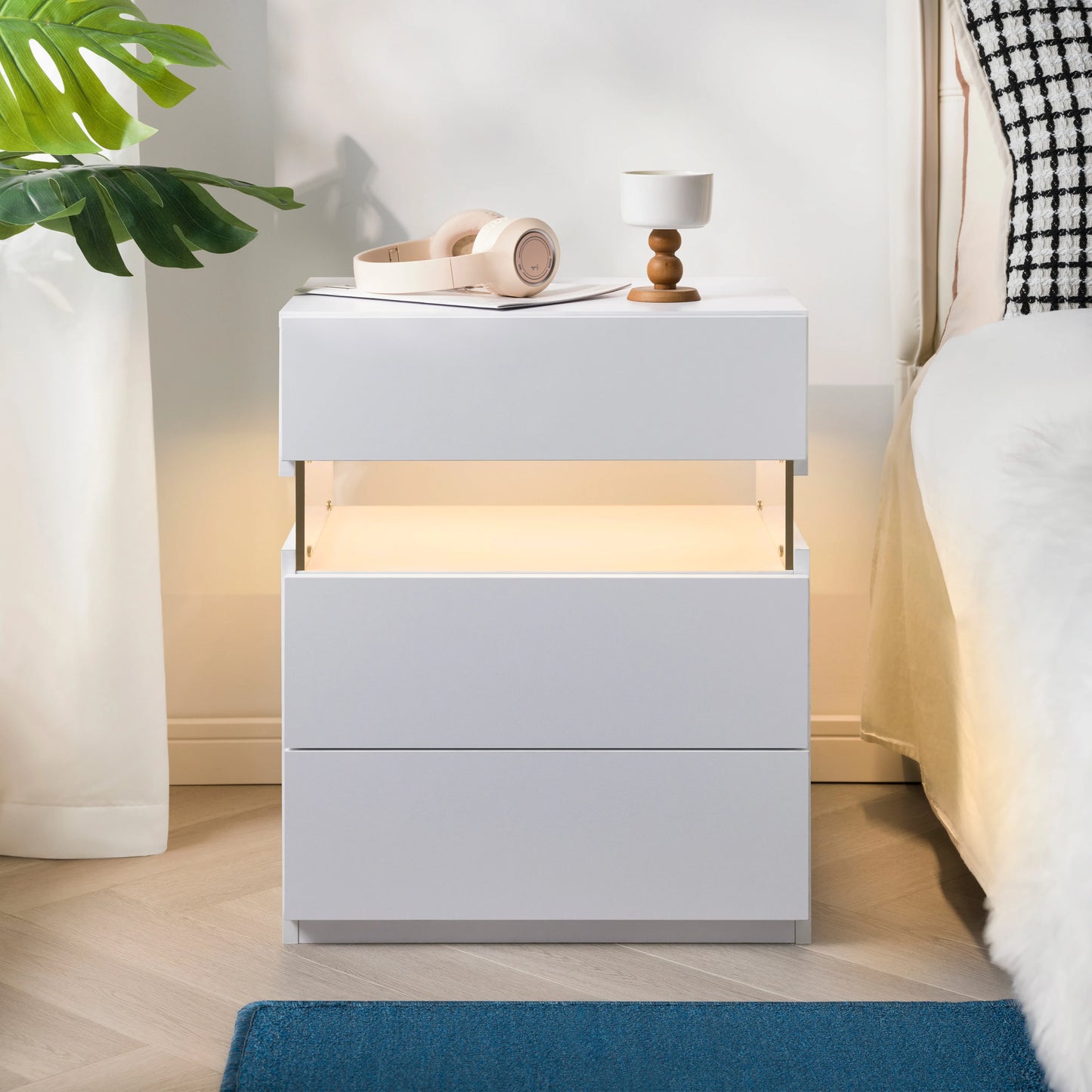Cubehom LED Bedside Table With 3 Drawers Modern Nightstand