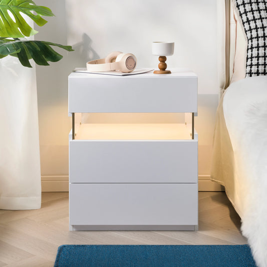 Cubehom LED Bedside Table With 3 Drawers Modern Nightstand