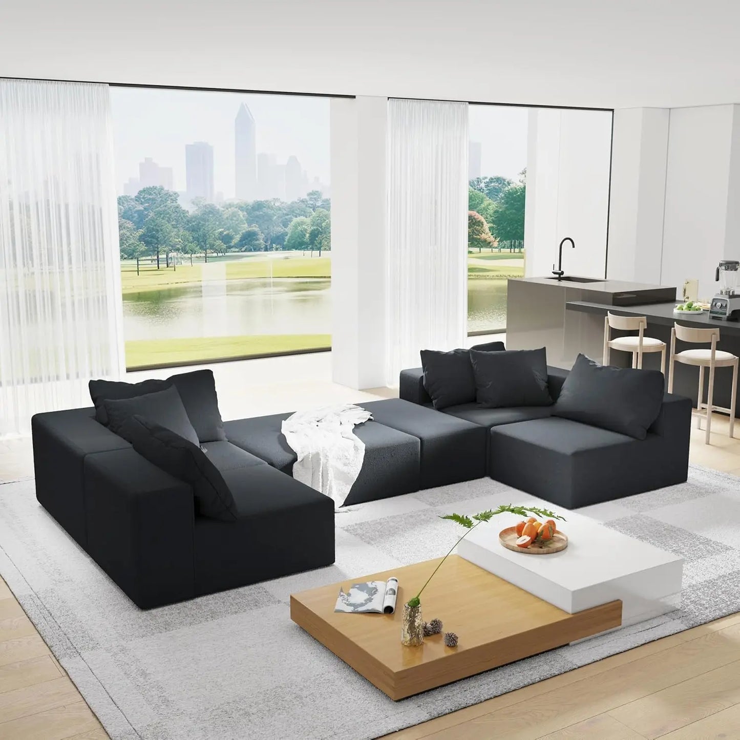 Modern Upholstered Sectional Sofa With Six Pillows Free Setup