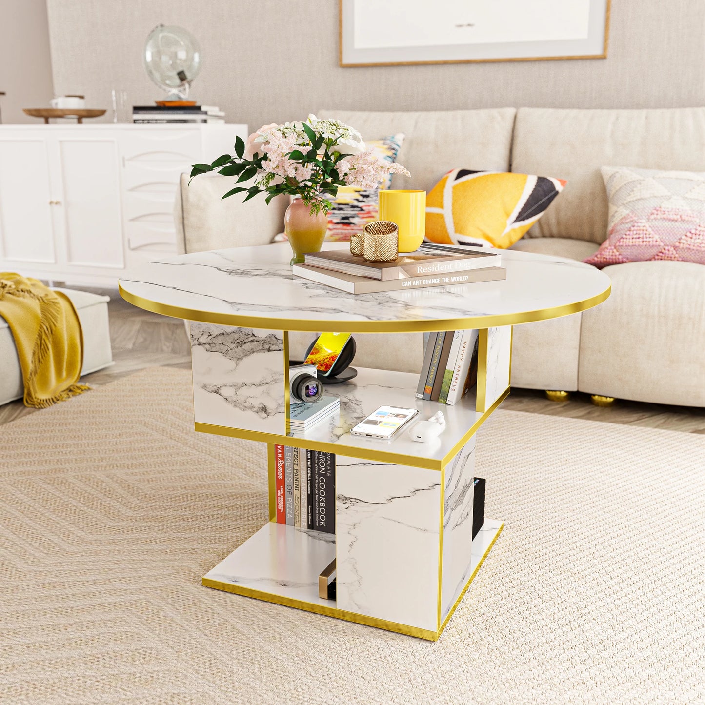 MERRONIX Three Tier Round Coffee Table With Storage Living Room