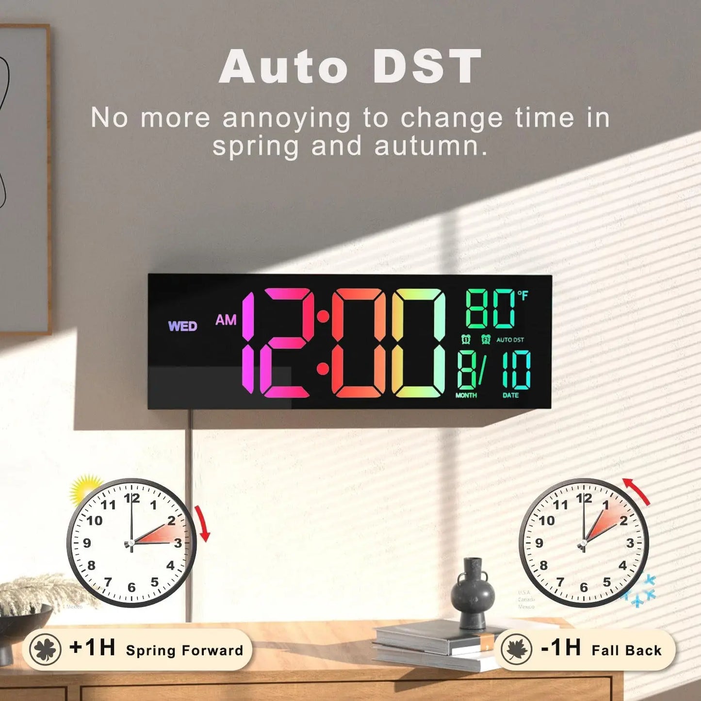 Digital Wall Clock With Remote, Timer, Alarm, LED Display, 8 RGB Colors