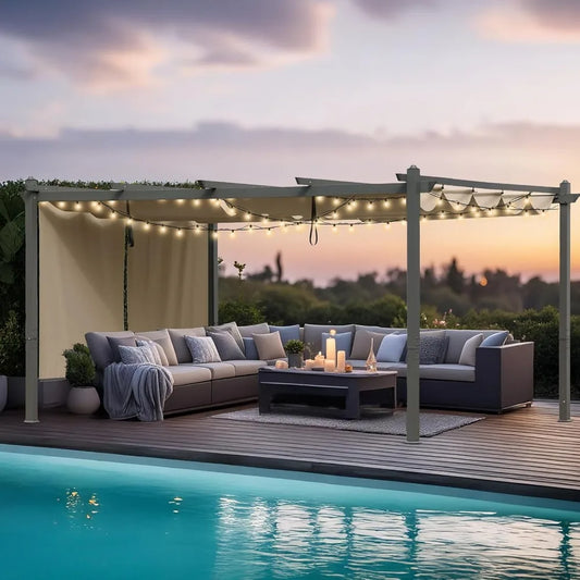 Outdoor Aluminum Pergola With Retractable Canopy And Side Shade