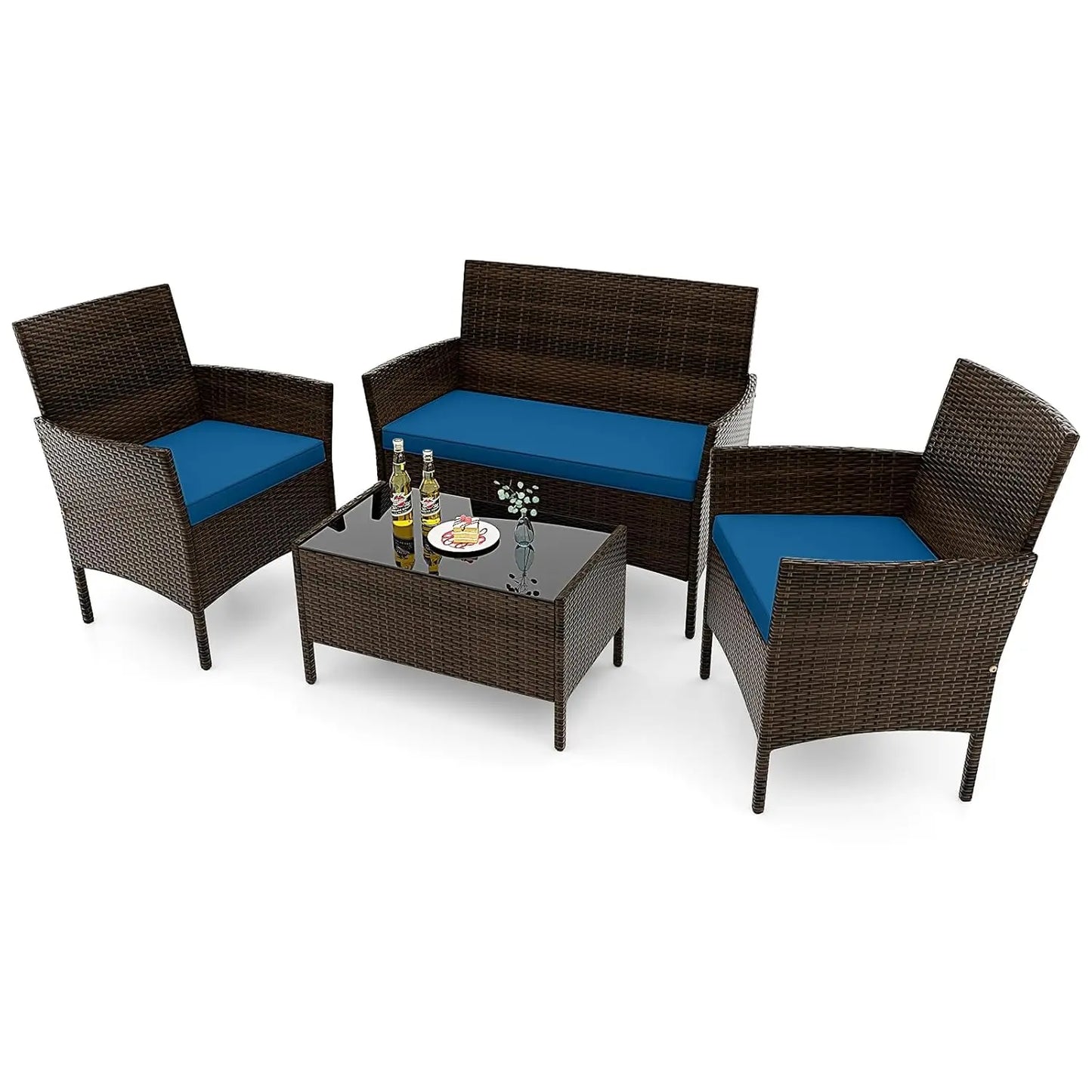 Rattan Outdoor Patio Conversation Set With Cushions And Glass Coffee Table