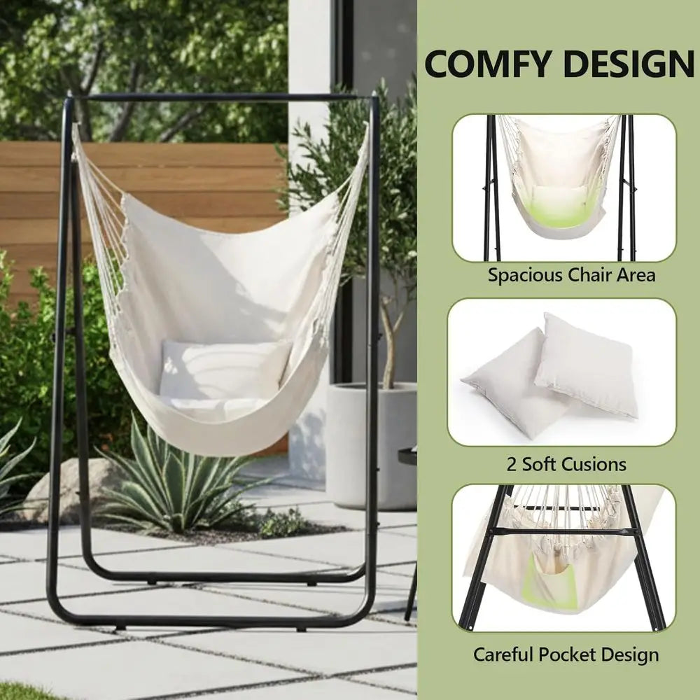 Heavy Duty Hammock Chair With Steel Stand And Pillows Indoor
