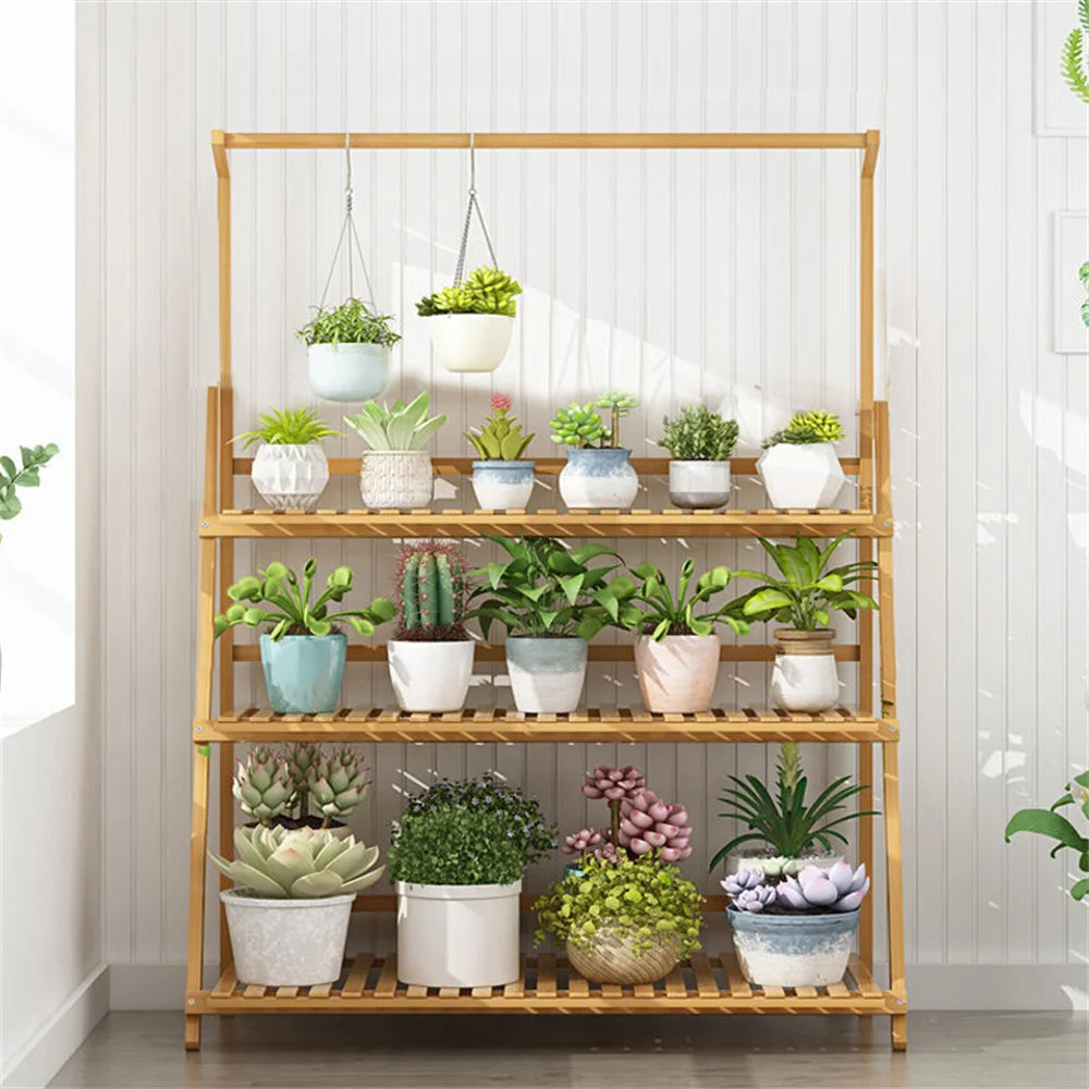 Bamboo Folding Plant Stand 3 Tier For Indoor And Outdoor Use