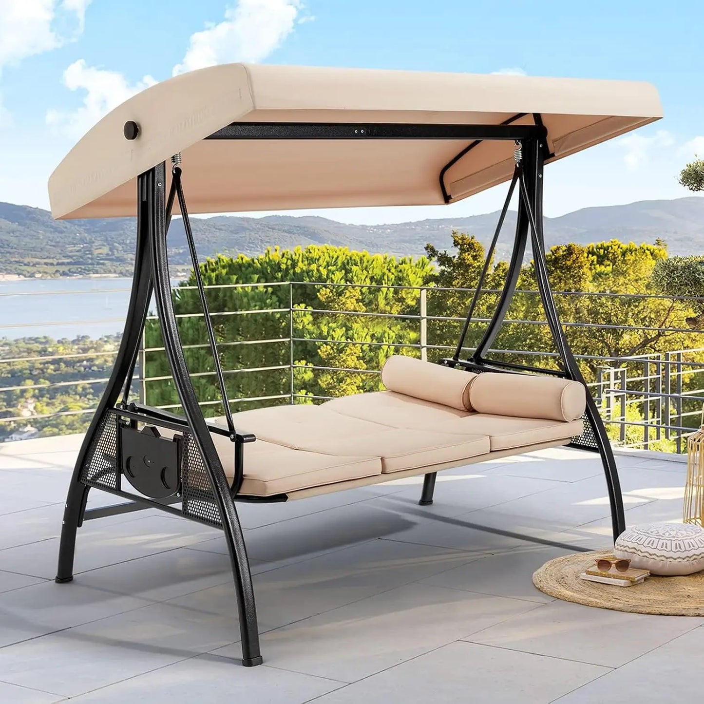 Three Person Porch Swing With Adjustable Canopy Cushioned Steel Frame