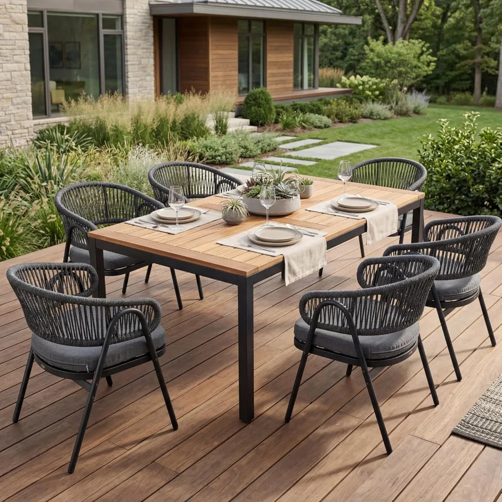 Weather-Resistant Rope Woven Metal Outdoor Dining Chair Set With Cushion