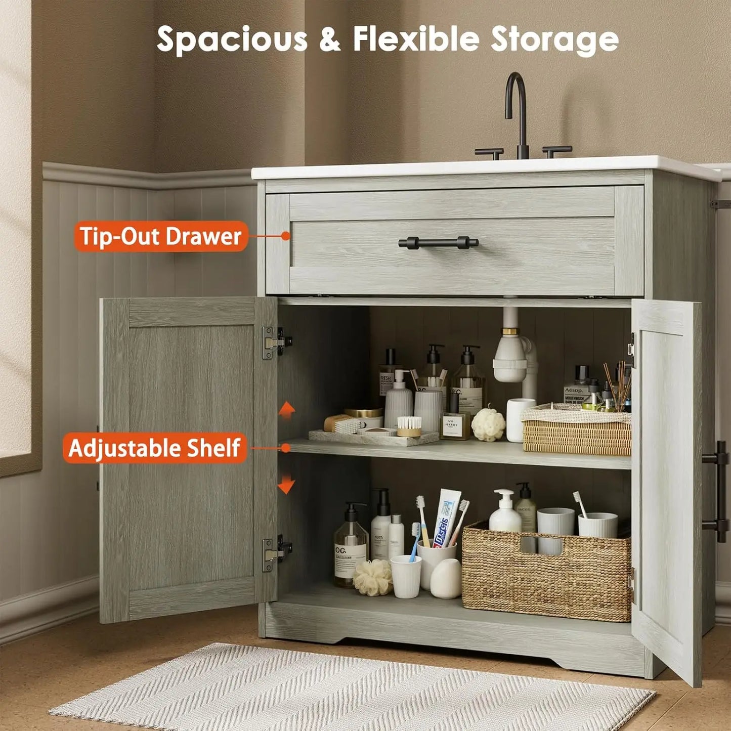 Amada Farmhouse Bathroom Vanity With Ceramic Sink And Shaker Cabinet