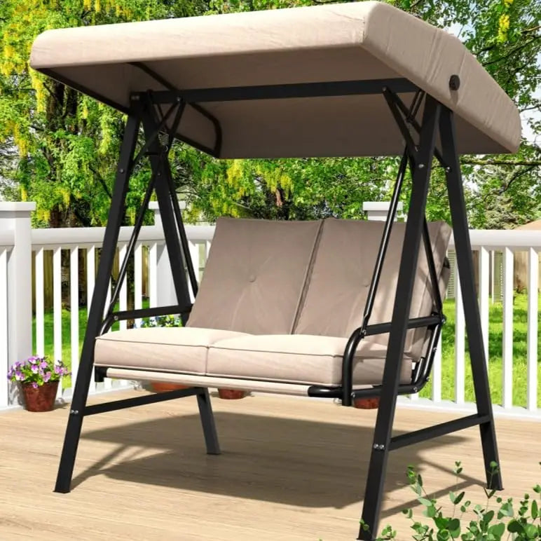 Outdoor Porch Swing Chair With Canopy Two Seat Steel Frame