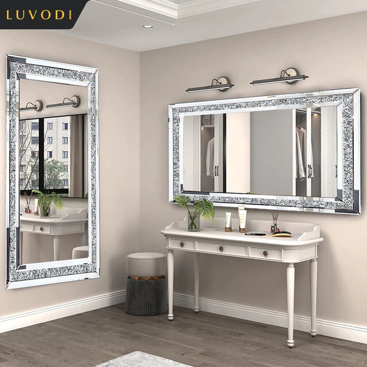 LUVODI Sparkling Crystal Frameless Vanity Mirror Wall Mounted
