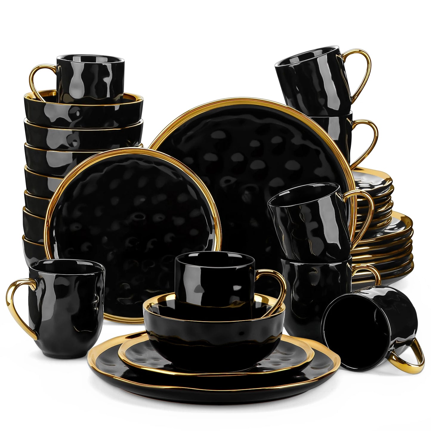 MALACASA Porcelain Dinnerware Set With Gold Trim Plates Cups Bowls