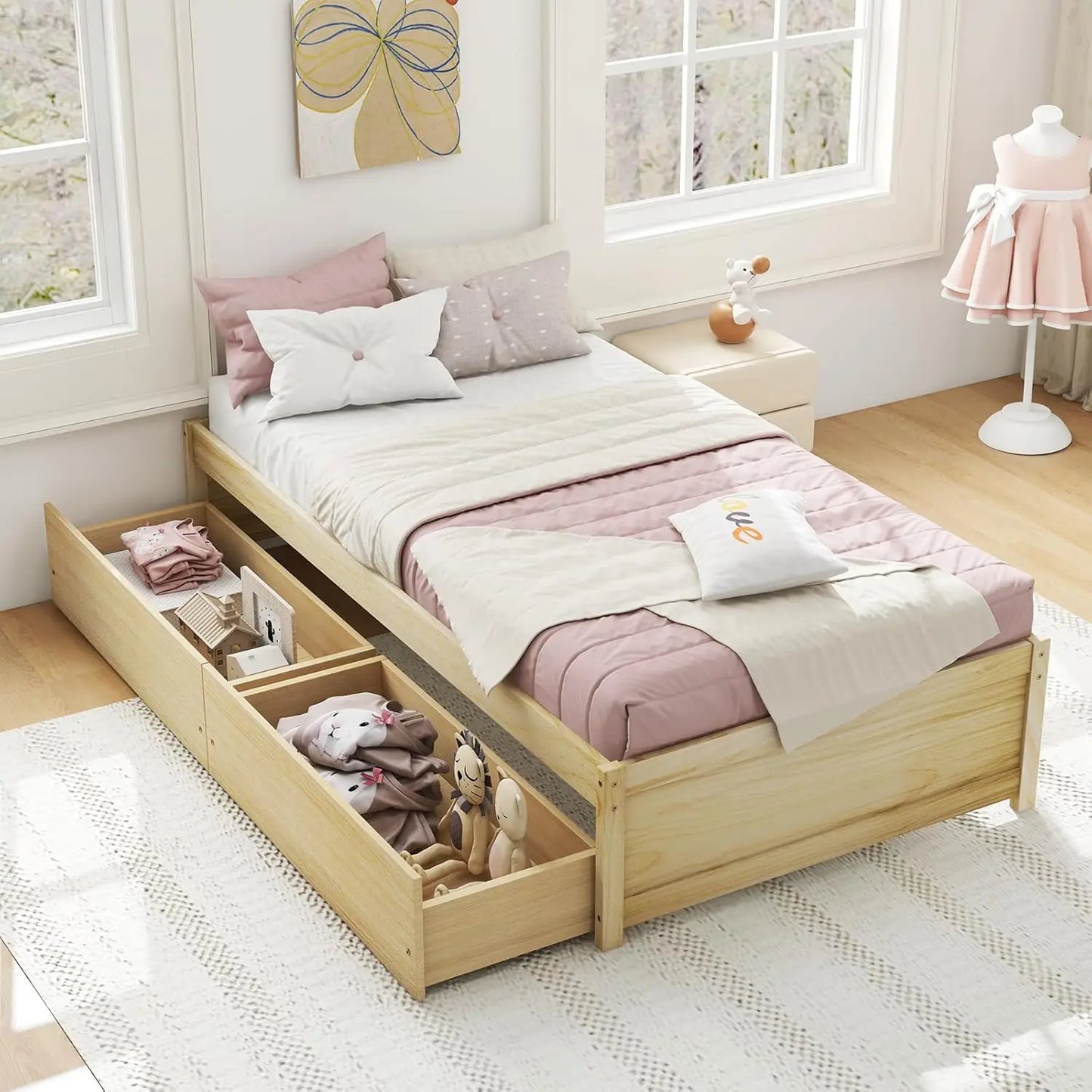 Folded Platform Bed Frame With 2 Storage Drawers, Solid Wood Slats