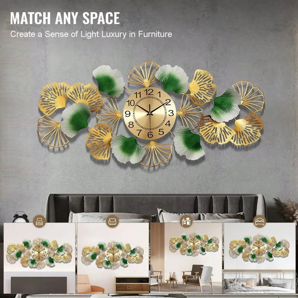 Ginkgo Leaf Silent Wall Clock 3D Metal Design Home Office